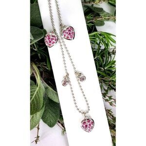 Pink Heart Necklace - Silver Heart Charm Necklace with Pink Gems - 15.75" + 3.5"